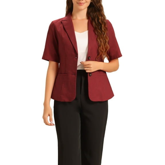 INSPIRE CHIC Women's Blazer Button Lapel Collar Short Sleeves Spring Summer Wear-to-Work Blazer S Dark Red