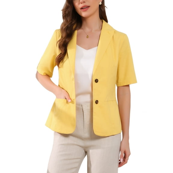 INSPIRE CHIC Women's Blazer Button Lapel Collar Short Sleeves Spring Summer Wear-to-Work Blazer S Yellow