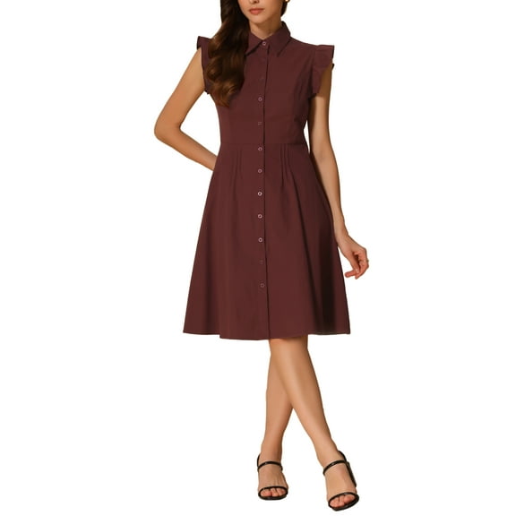 INSPIRE CHIC Women's Shirt Dress Cap Sleeves Point Collar Tie Waist Button Mid Dresses XL Wine Red