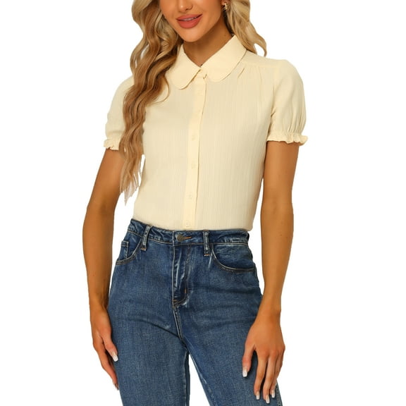 INSPIRE CHIC Women's Peter Pan Collar Shirt 1950s Vintage Cotton Button Down Blouse L Beige