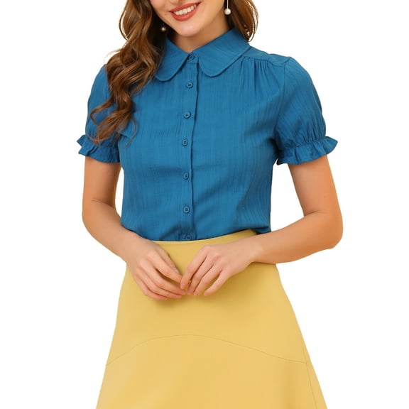 INSPIRE CHIC Women's Chic Tops Peter Pan Collar 1950s Vintage Button Down Cotton Blouses L Ocean Blue