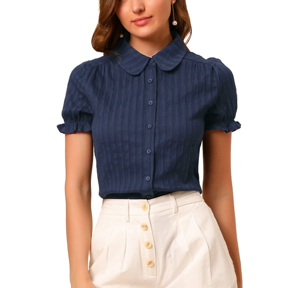 INSPIRE CHIC Women's Chic Tops Peter Pan Collar 1950s Vintage Button Down Cotton Blouses M Blue