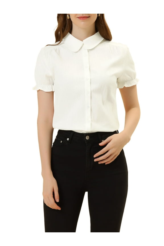 Women's Chic Tops Peter Pan Collar 1950s Vintage Button Down Cotton Blouses M Off-White