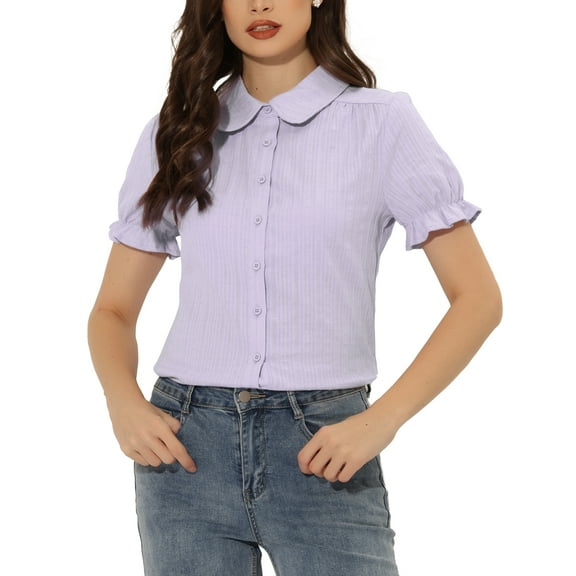 INSPIRE CHIC Women's Chic Tops Peter Pan Collar 1950s Vintage Button Down Cotton Blouses S Light Purple