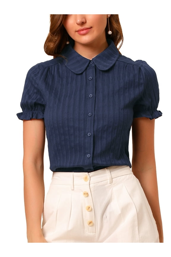 Women's Chic Tops Peter Pan Collar 1950s Vintage Button Down Cotton Blouses XS Blue