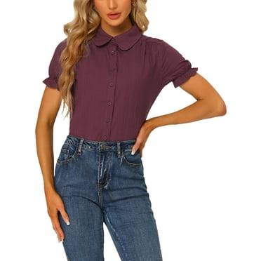 Women's Peter Pan Collar Shirt 1950s Vintage Cotton Button Down Blouse XS Plum Purple