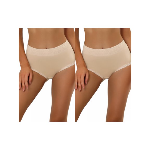NOMADIC NOOK Women's Cotton Underwear High-Rise Lace Trim Tummy Control Full Coverage Brief 2 Packs L Beige2