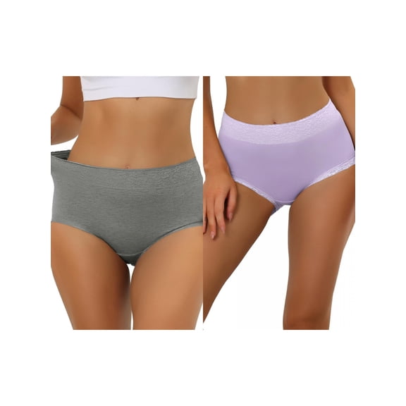 NOMADIC NOOK Women's Cotton Underwear High-Rise Lace Trim Tummy Control Full Coverage Brief 2 Packs XL Gray2