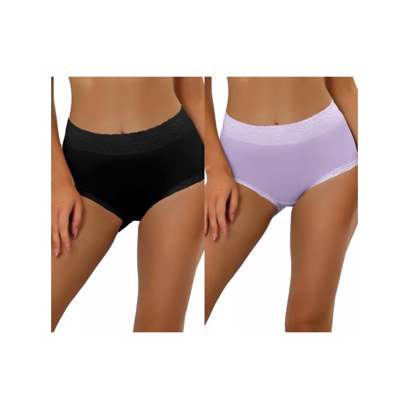 NOMADIC NOOK Women's Cotton Underwear High-Rise Lace Trim Tummy Control Full Coverage Brief 2 Packs XL Purple2