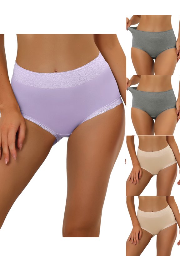 Women's Cotton Underwear High-Rise Lace Tummy Control Full Coverage Brief 5 Packs