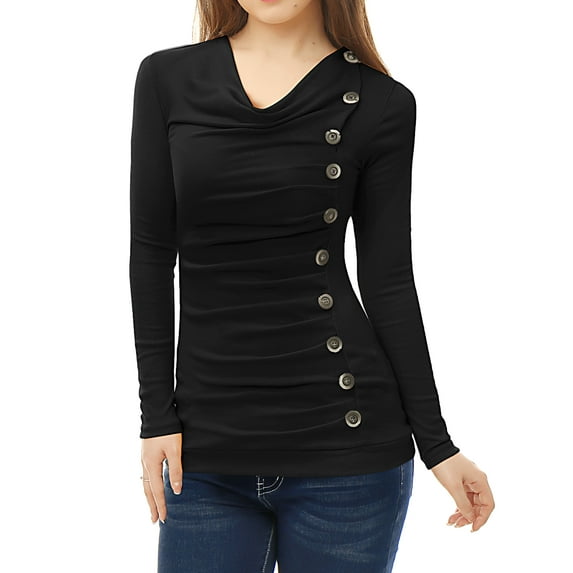 INSPIRE CHIC Women's Cowl Neck Long Sleeves Buttons Decor Ruched Top for Casual Wear 2XL Black