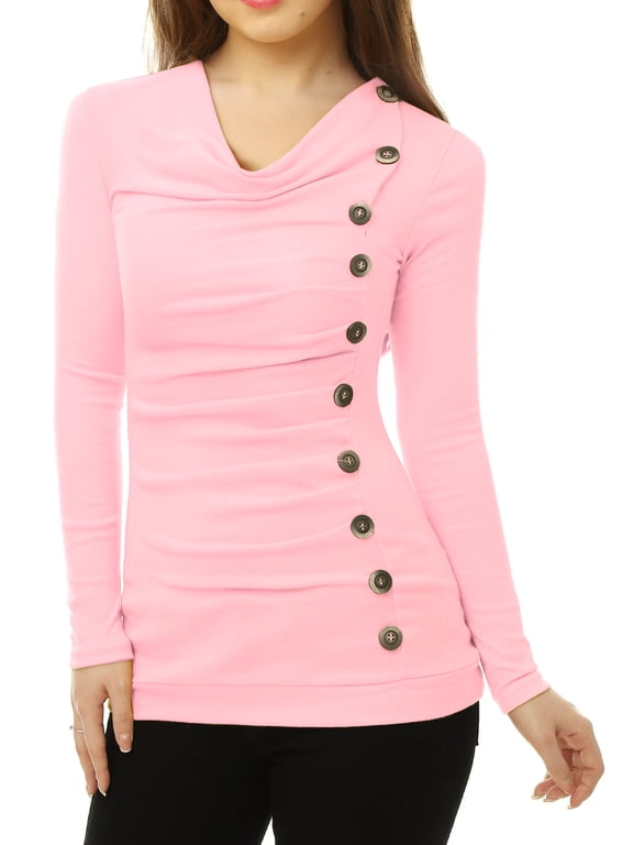 Women's Cowl Neck Long Sleeve Top Button Decor Ruched Front Regular Fit Pullover Top L Light Pink