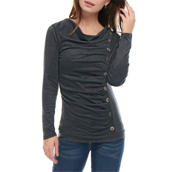 INSPIRE CHIC Women's Cowl Neck Long Sleeve Top Button Decor Ruched Front Regular Fit Pullover Top M Dark Gray