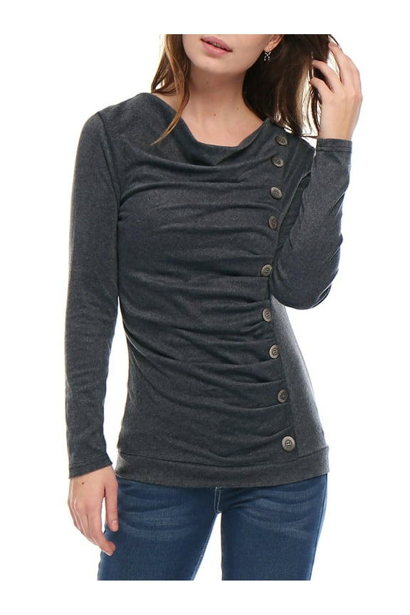 Women's Cowl Neck Long Sleeve Top Button Decor Ruched Front Regular Fit Pullover Top XL Dark Gray