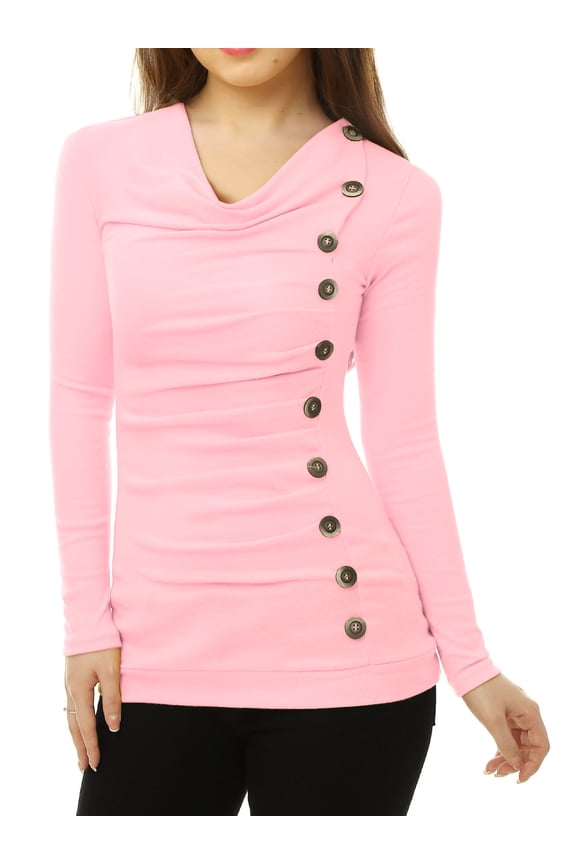 Women's Cowl Neck Long Sleeve Top Button Decor Ruched Front Regular Fit Pullover Top XL Light Pink