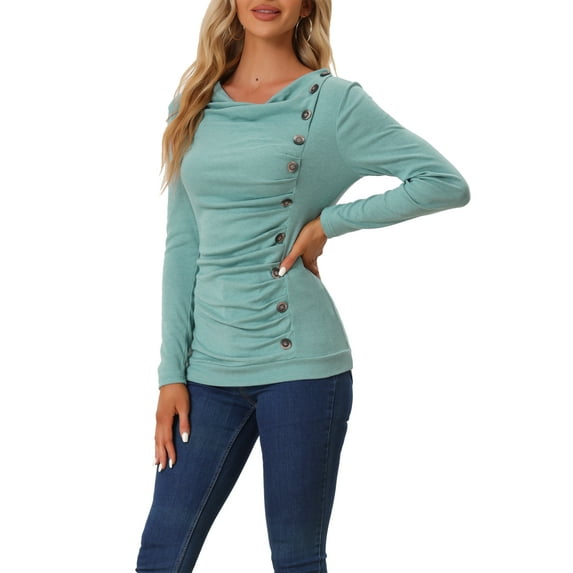 INSPIRE CHIC Women's Cowl Neck Long Sleeves Buttons Decor Ruched Top for Casual Wear XL Mint Green
