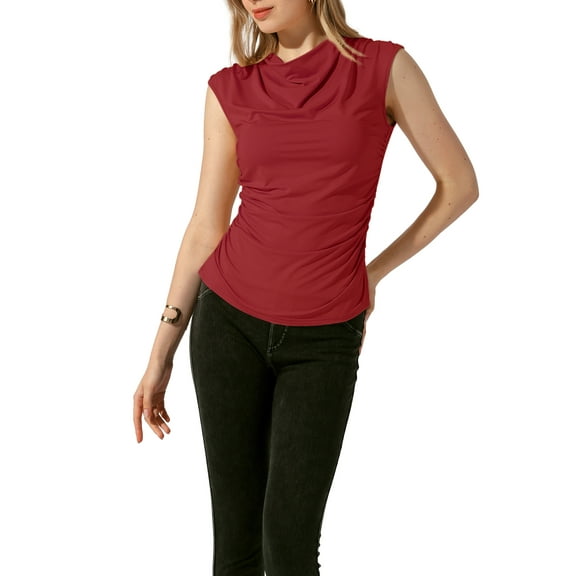 INSPIRE CHIC Women's Cowl Neck Ruched Stretch Sleeveless Summer Casual Tops