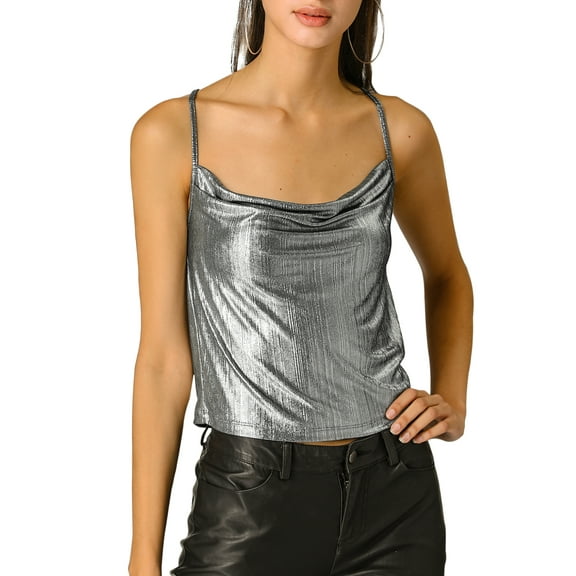 INSPIRE CHIC Women's Cowl Neck Sparkly Metallic Spaghetti Strap Camisole Party Top M Silver