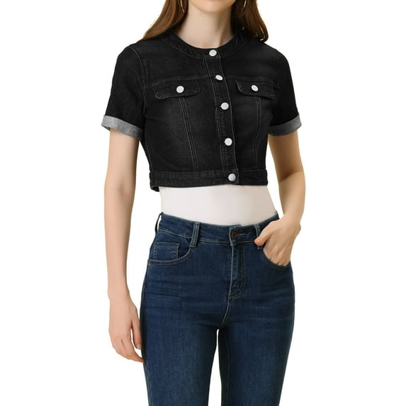 Allegra K Women's Crew Neck Button Up Short Sleeve Crop Jean Denim Jackets