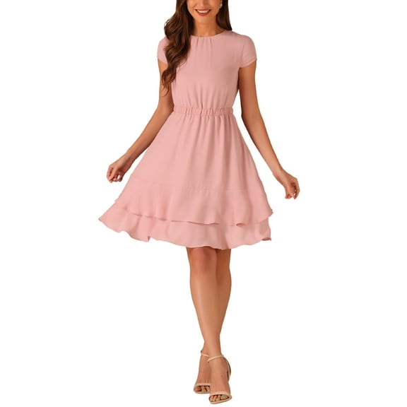 INSPIRE CHIC Women's Crew Neck Cap Sleeve A-Line Layered Ruffled Mid-Length Dress