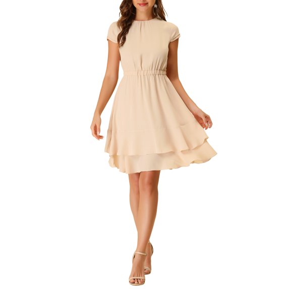 Allegra K Women's Crew Neck Cap Sleeve A-Line Layered Ruffled Mid-Length Dress