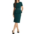 thumbnail image 1 of INSPIRE CHIC Women's Crew Neck Peplum Contrast Trim Short Sleeve Wear-to-Work Bodycon Sheath Dress XL Blue Green, 1 of 6