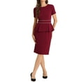 thumbnail image 1 of INSPIRE CHIC Women's Crew Neck Peplum Contrast Trim Short Sleeve Wear-to-Work Bodycon Sheath Dress XL Burgundy, 1 of 6