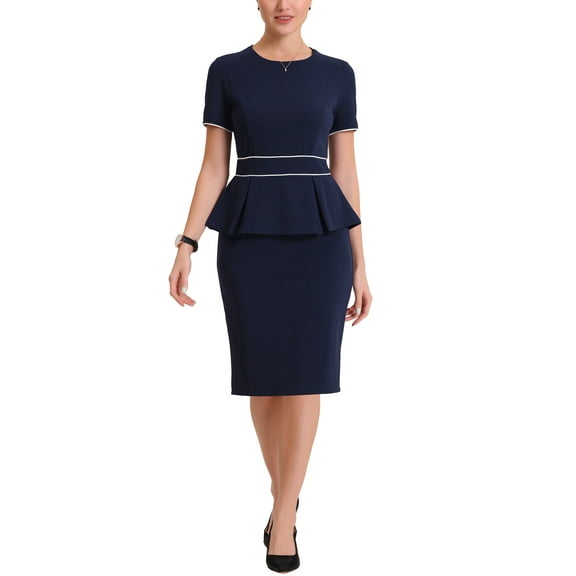 INSPIRE CHIC Women's Crew Neck Peplum Contrast Trim Short Sleeve Wear-to-Work Bodycon Sheath Dress XS Dark Blue