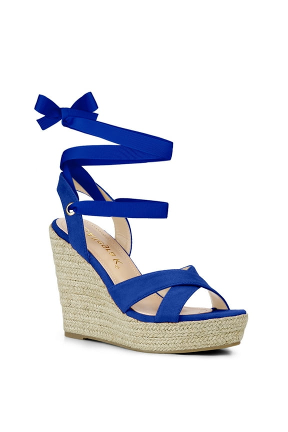 Women's Espadrille Platform Lace Up Wedges Sandals Royal Blue (Size 9)