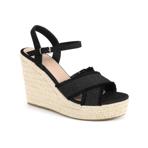 BLISSFUL STEP Women's Crisscross Fringe Strap Platform Espadrilles Wedge Heel Sandals Black 7