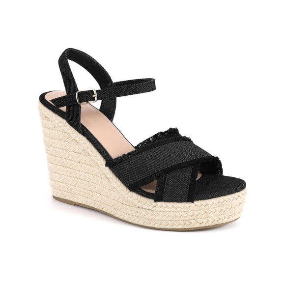 BLISSFUL STEP Women's Crisscross Fringe Strap Platform Espadrilles Wedge Heel Sandals Black 8
