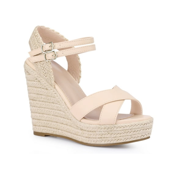 BLISSFUL STEP Women's Crisscross Strap Platform Espadrilles Wedge Heel Sandals Beige 8