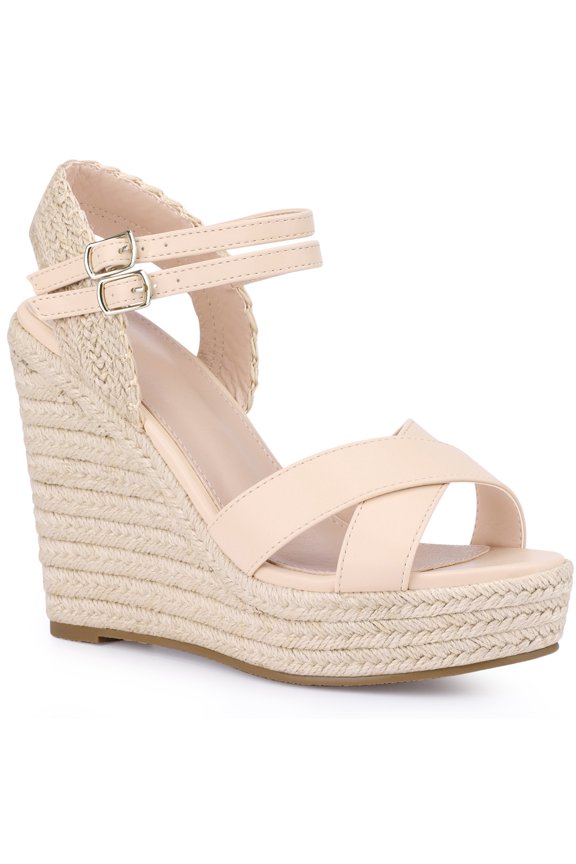 Women's Crisscross Strap Platform Espadrilles Wedge Heel Sandals Beige 9.5