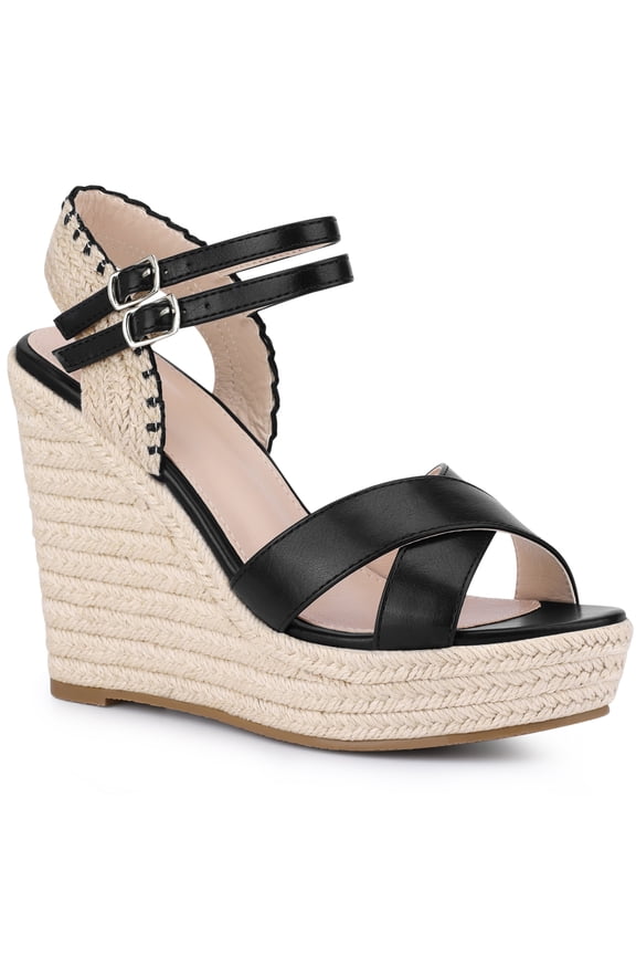 Women's Crisscross Strap Platform Espadrilles Wedge Heel Sandals Black 9.5