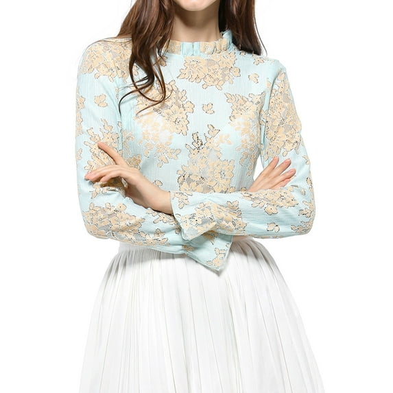 INSPIRE CHIC Women's Crochet Lace See Through Floral Ruffle Neck Blouse XS Light Blue