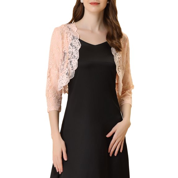 Allegra K Women's Crop Cardigan 3/4 Sleeve Sheer Floral Lace Shrug Tops