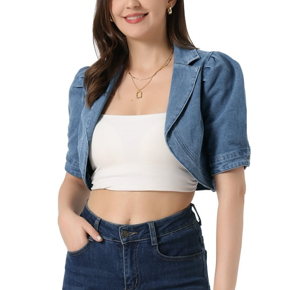 INSPIRE CHIC Women's Crop Denim Cardigan Short Sleeve Lapel Jean Jacket L Blue