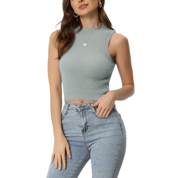 INSPIRE CHIC Women's Crop Faux Fur Sleeveless Top Gray S