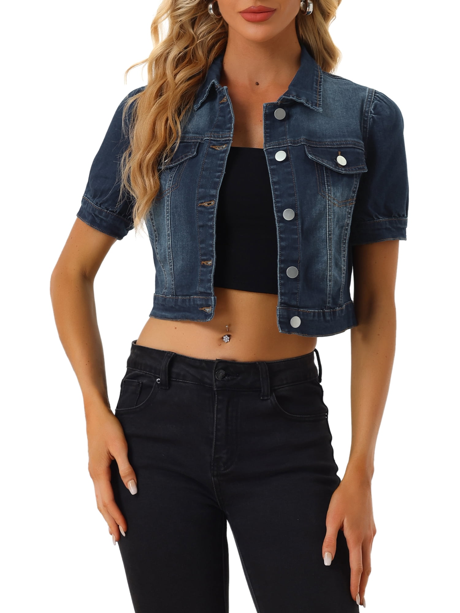 Allegra K Women's Cropped Jackets Puff Short Sleeve Button Down Washed