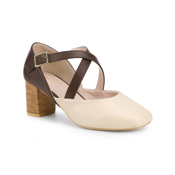BLISSFUL STEP Women's Cross Strap Block Heels Mary Jane Pumps Beige 8