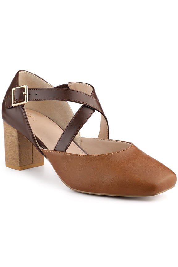 Women's Cross Strap Block Heels Mary Jane Pumps Brown 8