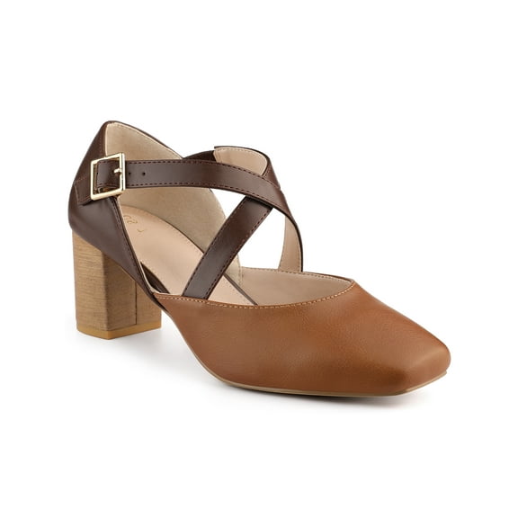 BLISSFUL STEP Women's Cross Strap Block Heels Mary Jane Pumps Brown 8