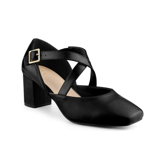 BLISSFUL STEP Women's Cross Strap Block Heels Mary Jane Pumps Black 8