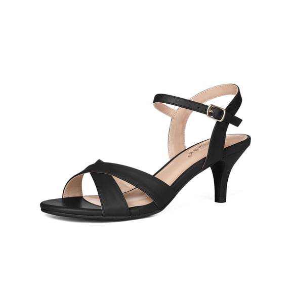 BLISSFUL STEP Women's Shoes Kitten Heel Open Toe Cross Straps Adjustable Ankle Strap Sandals Black 9