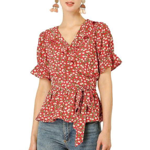 Allegra K Women's Crossover V Neck Short Sleeves Ruffle Wrap Blouse