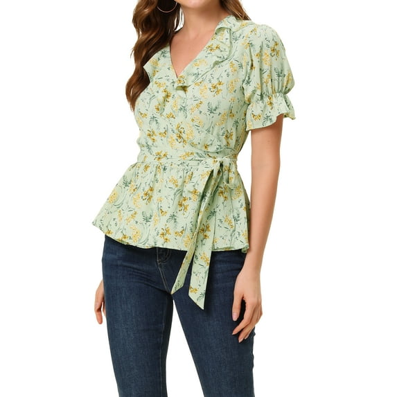 INSPIRE CHIC Women's Crossover V Neck Short Sleeves Ruffle Wrap Blouse