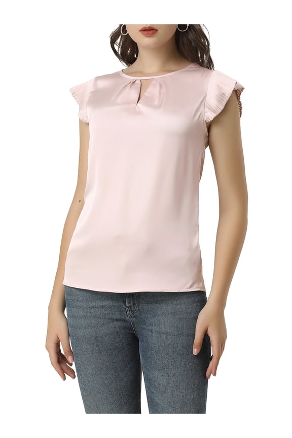 Women's Cut Out Keyhole Back Straight Solid Pleated Cap Sleeve Blouse XL Pink
