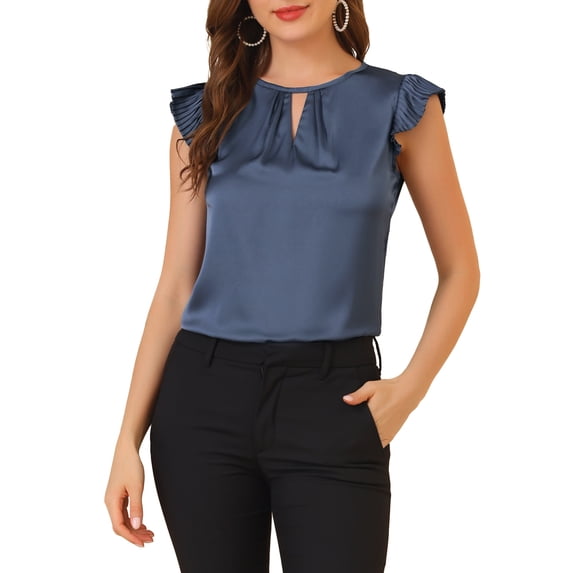 Allegra K Women's Cut Out Keyhole Back Straight Solid Pleated Cap Sleeve Blouse