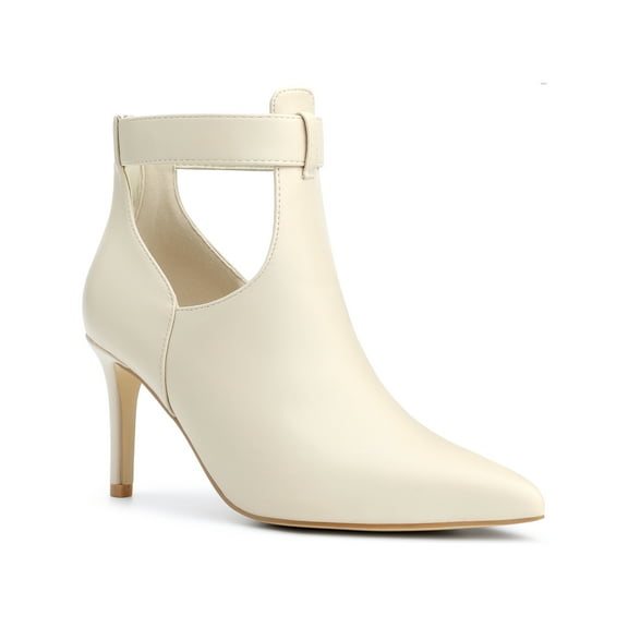 BLISSFUL STEP Women's Ankle Boots Stiletto Heels Pointed Toe Back Zip Faux Leather Dress Boots Beige 7.5