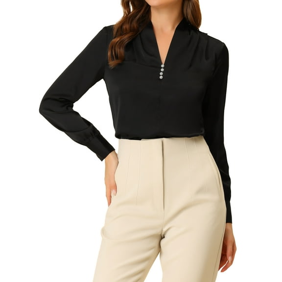 INSPIRE CHIC Women's V Neck Decor Button Pleated Solid Office Long Sleeve Shirt Black XS